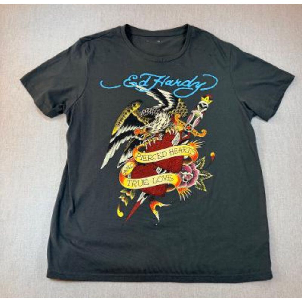 Ed Hardy Rhinestone Eagle Dagger Graphic T-Shirt Charcoal Gray Men's Size L